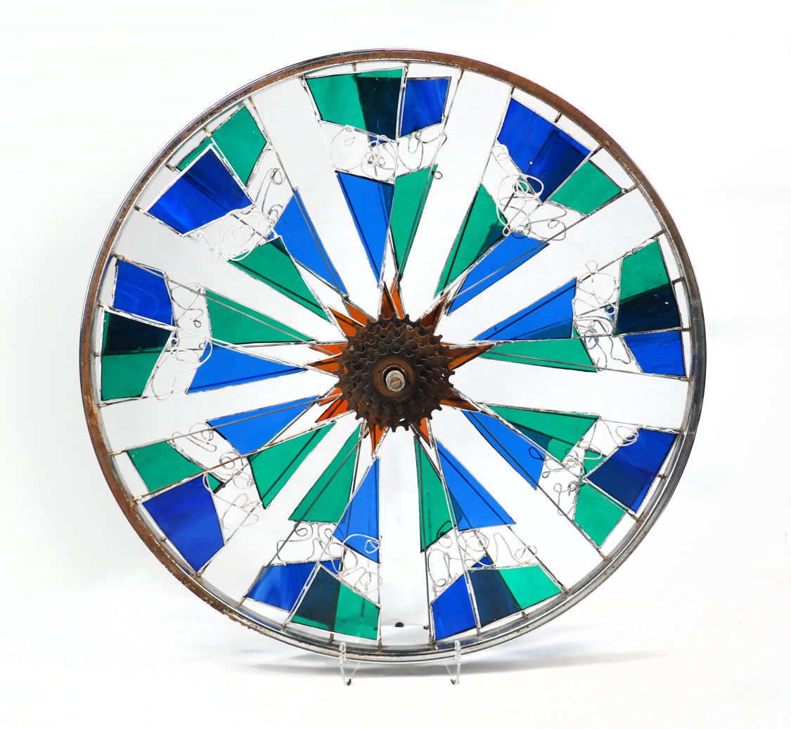 stained glass bicycle wheel