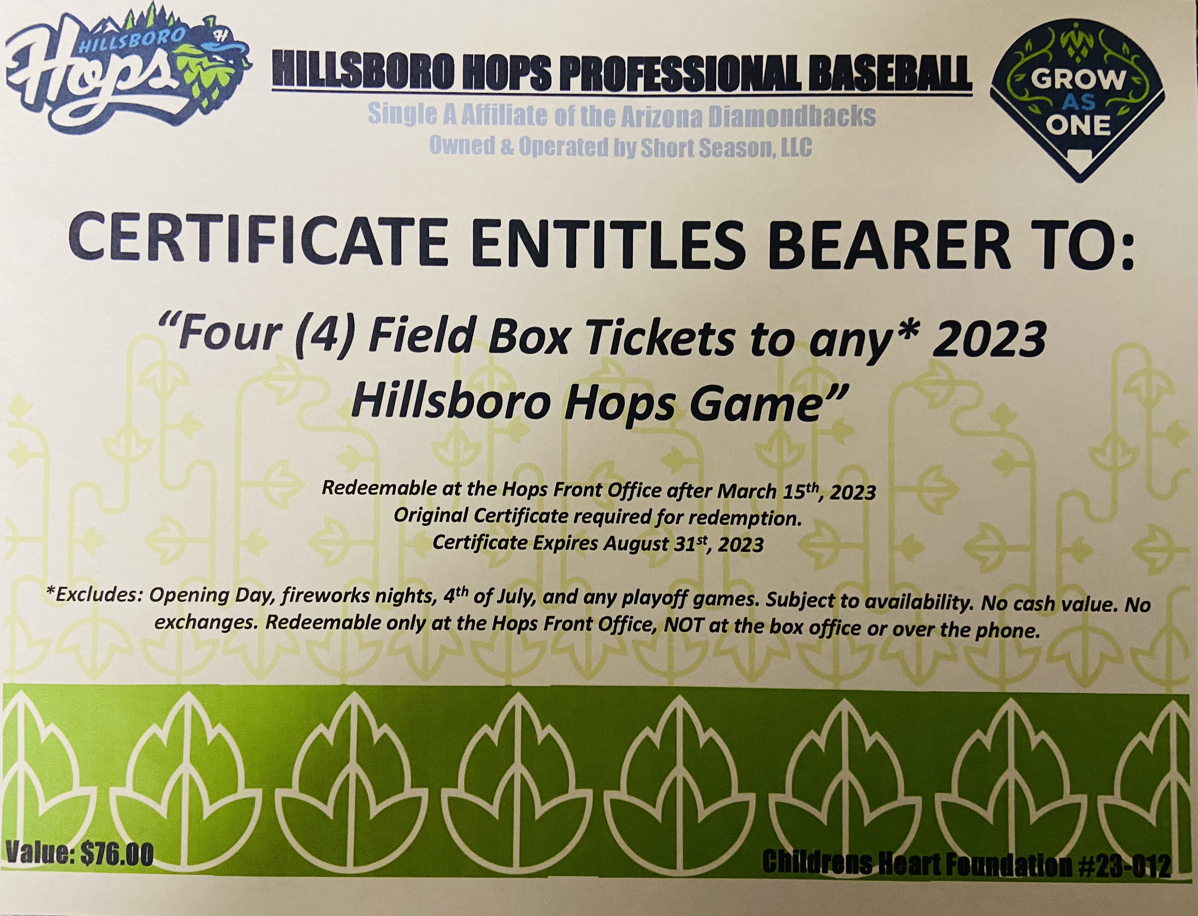 Four Hillsboro Hops Tickets pdxheartwalk Bid Now